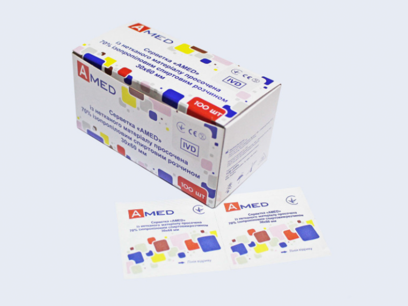 Серветки спиртові «AMED» 30×65 мм, нетканий матеріал, просочені 70% ізопропіловим спиртом, уп. 100 шт